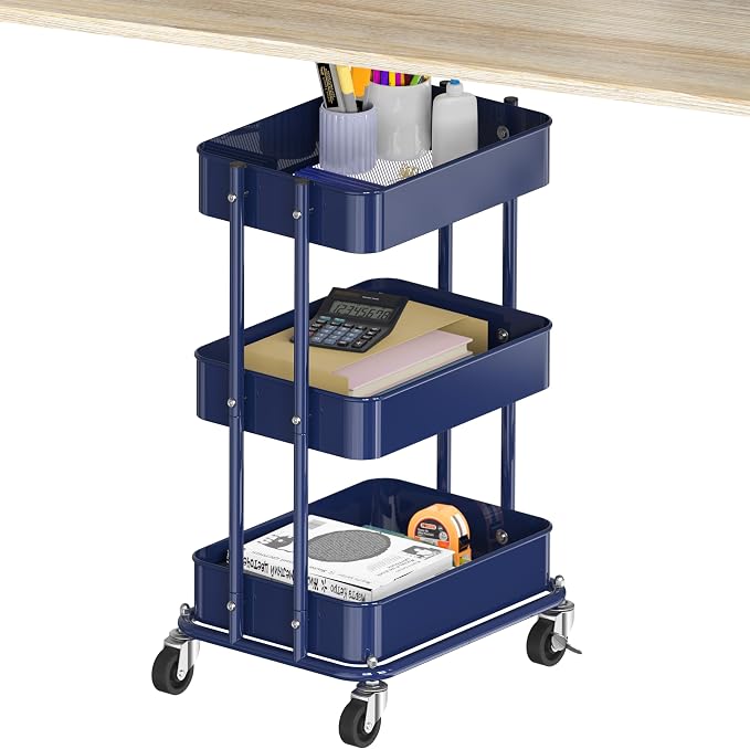 Simple Houseware 3-Tier Compact Utility Rolling Cart, Low 24” Height Fits Under Desk, Space-Saving Storage for Home Office, Dining Room, or Kitchen, Navy