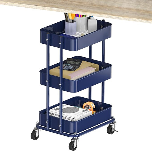 Simple Houseware 3-Tier Compact Utility Rolling Cart, Low 24” Height Fits Under Desk, Space-Saving Storage for Home Office, Dining Room, or Kitchen, Navy