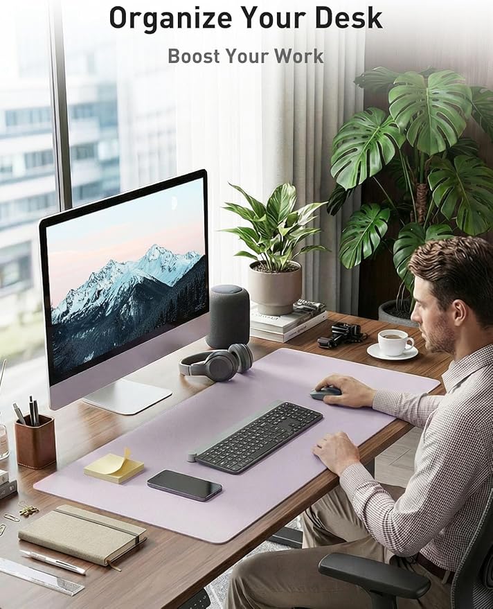 Aothia Faux Leather Desk Mat - Non-Slip PU Leather Desk Blotter, Waterproof Writing Surface, Large Desk Pad for Office & Home (Soft Lavender, 55" x 17")