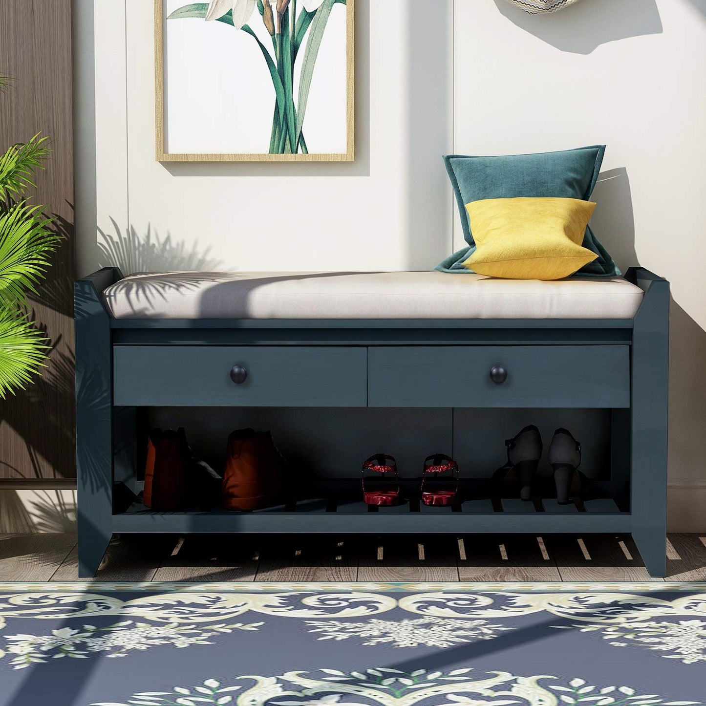 Acosure 42″ Storage Bench with 2 Drawers and 2 Cabinets，Multipurpose Entryway Shoe Rack W/Removable Cushion，for Living Room Hallway Porch,White