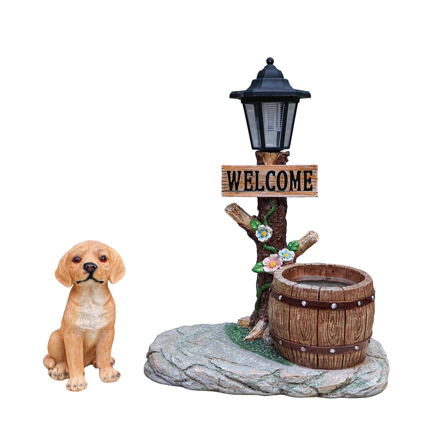 UNOIRNM Golden Retriever Puppy Garden Statue - with Solar Light and Wood Barrel Planter, 18.5" Tall Welcome Dog Figurine for Lawn Decor, 9.3 lbs Durable Resin Outdoor Ornament, 15.4" Length