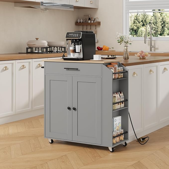 HOOBRO Kitchen Island with Power Outlet, Storage Island with Spice Rack and Drawer, Rolling Kitchen Cart on Wheels, for Home, Dining Room, Natural and Gray GN82UZD01