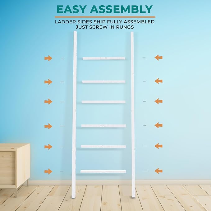 6 Tier Wooden Blanket Ladder - Rustic Style Quilt Ladder for Blankets - Blanket Rack for Wall - Blanket Holder - Farmhouse Decor Accent Furniture for Living Room (White, 6 Tier)