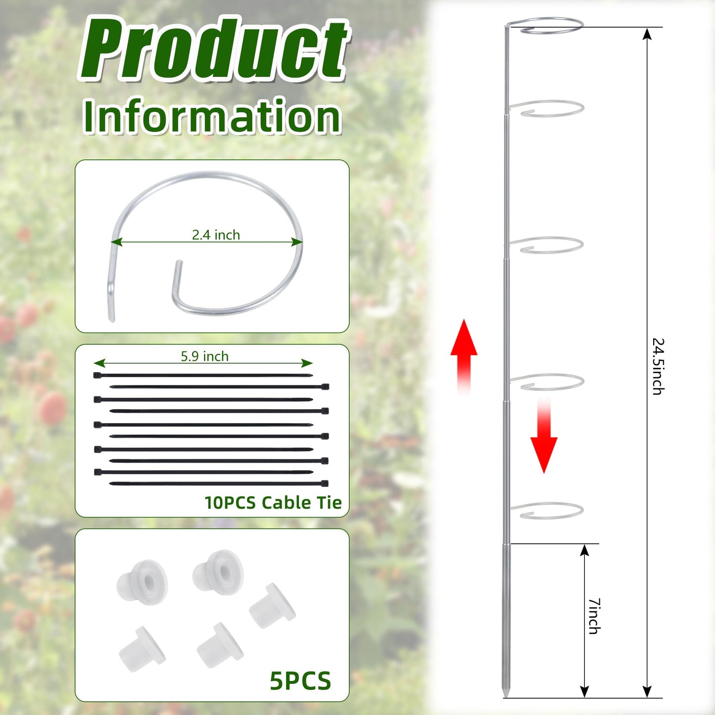 5 Pack Extendable Metal Plant Stakes, 7IN to 24.5IN Adjustable Monstera Plant Supports with Cable Tie Indoor Outdoor Plant Holder Sticks for Monstera Orchids Tomatoes Vines