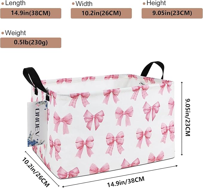 Rectangular Pink Bow Storage Basket,Collapsible Storage Bin for Nursery,Cute Bow Toy Storage Organizer for Kids Girls,for Home,Bedroom,Playroom,Closet,New Parent Gift(Pink Knot)