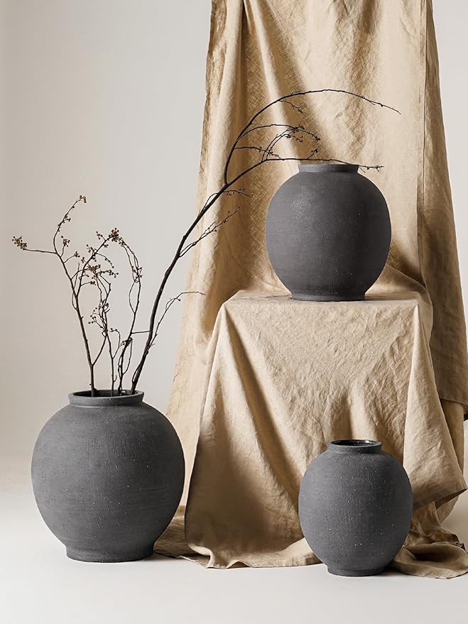 Black Ceramic Vase - Large 12.5 Inch Round Floor Vase for Centerpieces, Farmhouse Flower Vases, Rustic Minimalist Home Decor,Sandstone Dark Grey