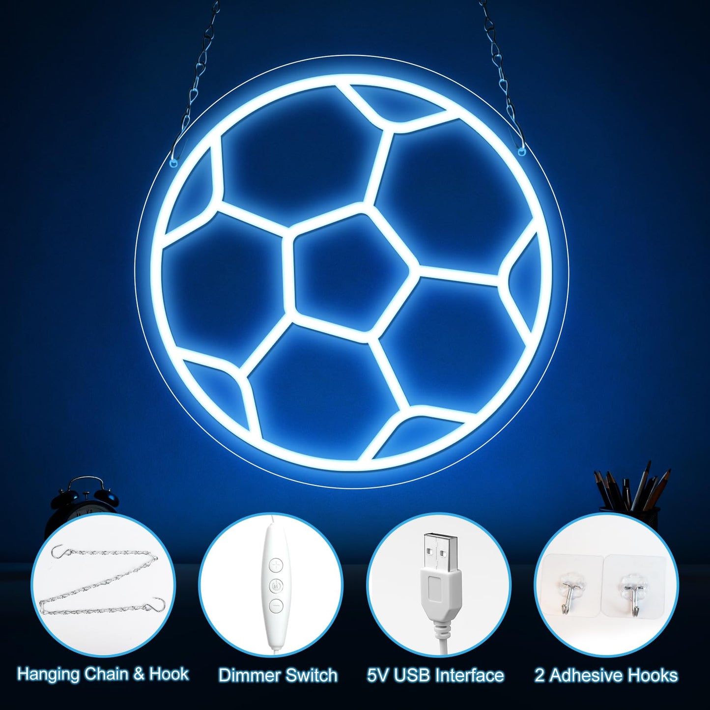 Soccer Neon Sign,Soccer LED Neon Signs for Wall Decor, Dimmable USB-Powered Football Light with ON/OFF Switch for Bedroom, Living Room, Game Room, Club, Kids Holiday Gifts