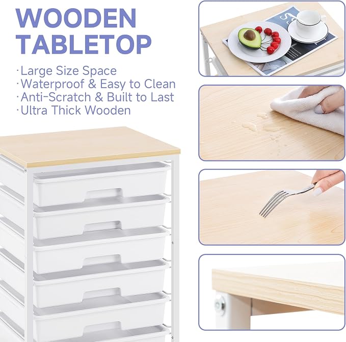 SYKIARIOL Rolling Cart with Drawers,Utility Cart with 6 Drawers,Rolling Storage Cart with Drawers and Wooden Tabletop & Lockable Wheel,White