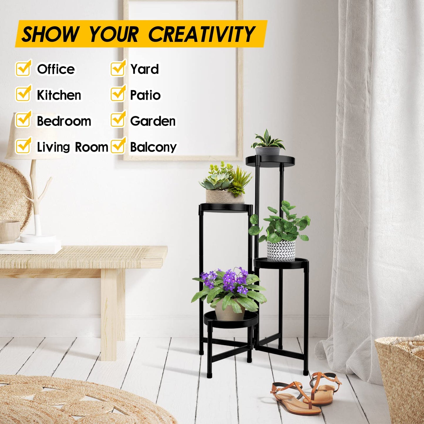 HOEGMST 4 Tier Plant Stand Indoor Outdoor, 31 Inch Tall Metal Plant Shelf Waterproof, Plant Holder with Folding Design For Home, Living Room, Black