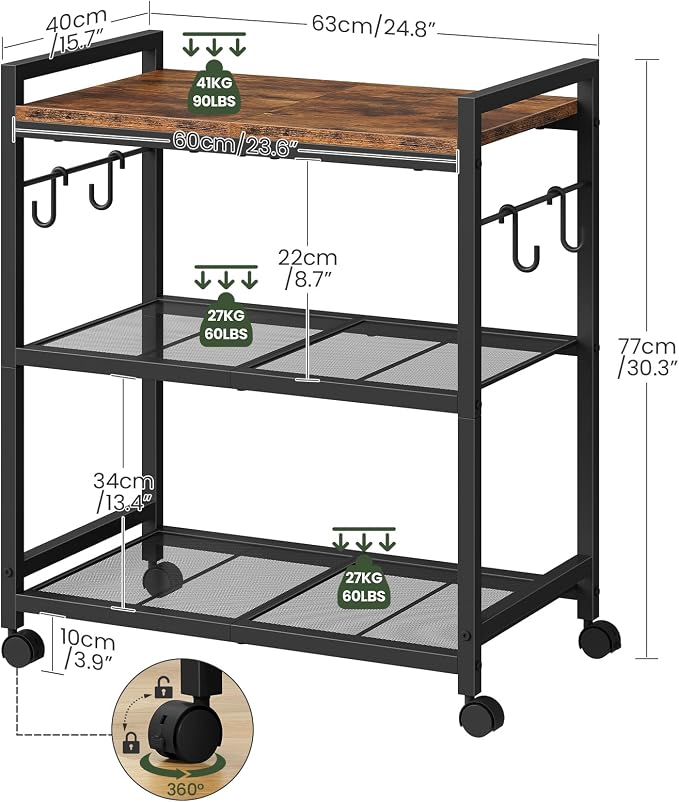 CHOEZON 3-Tier Rolling Bar Cart, Vintage Metal Kitchen Cart with Wheels, Mobile Storage Shelf, Rolling Microwave Stand with Mesh Shelves for Home Bar, Kitchen, Rustic Brown and Black TTC06BF