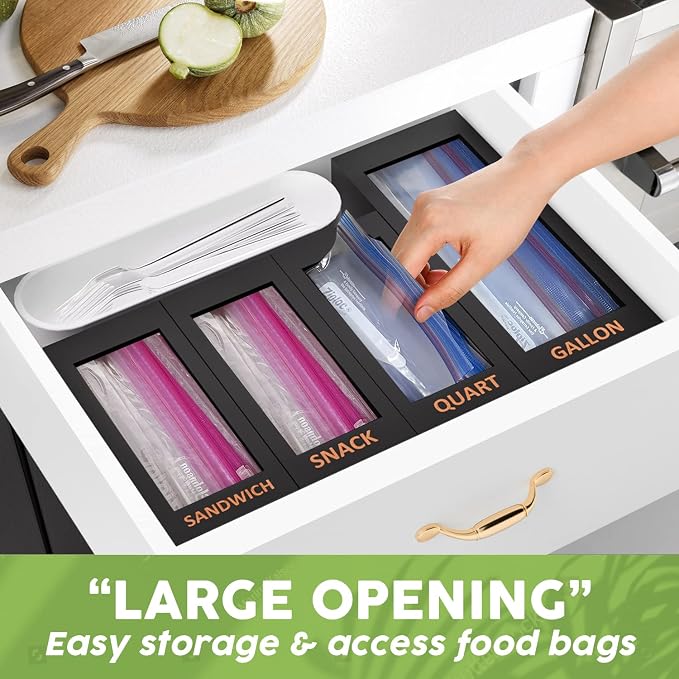 DALSHABET Bamboo Storage Bag Organizer for Kitchen Drawer, 4 Separate Food Storage Bag Organizer, 12x14 Baggie Organizer Dispenser for All Brands Gallon, Snack, Sandwich & Quart Slider Bags Black