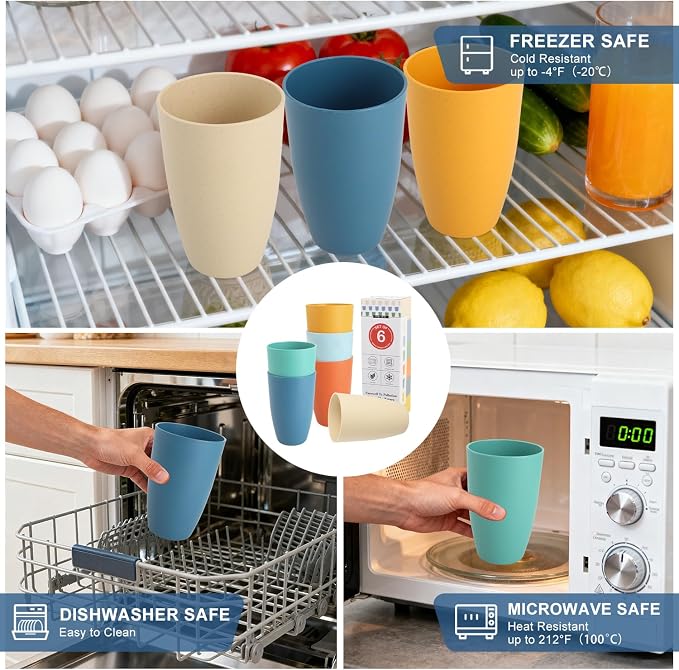 Wheat Straw Cups Set of 6, Unbreakable 20 OZ Reusable Cups, Alternative Plastic Drinking Glasses, Lightweight Tumbler for Kitchen Outdoor, Dishwasher Safe Tumblers & Water Glasses, Multi