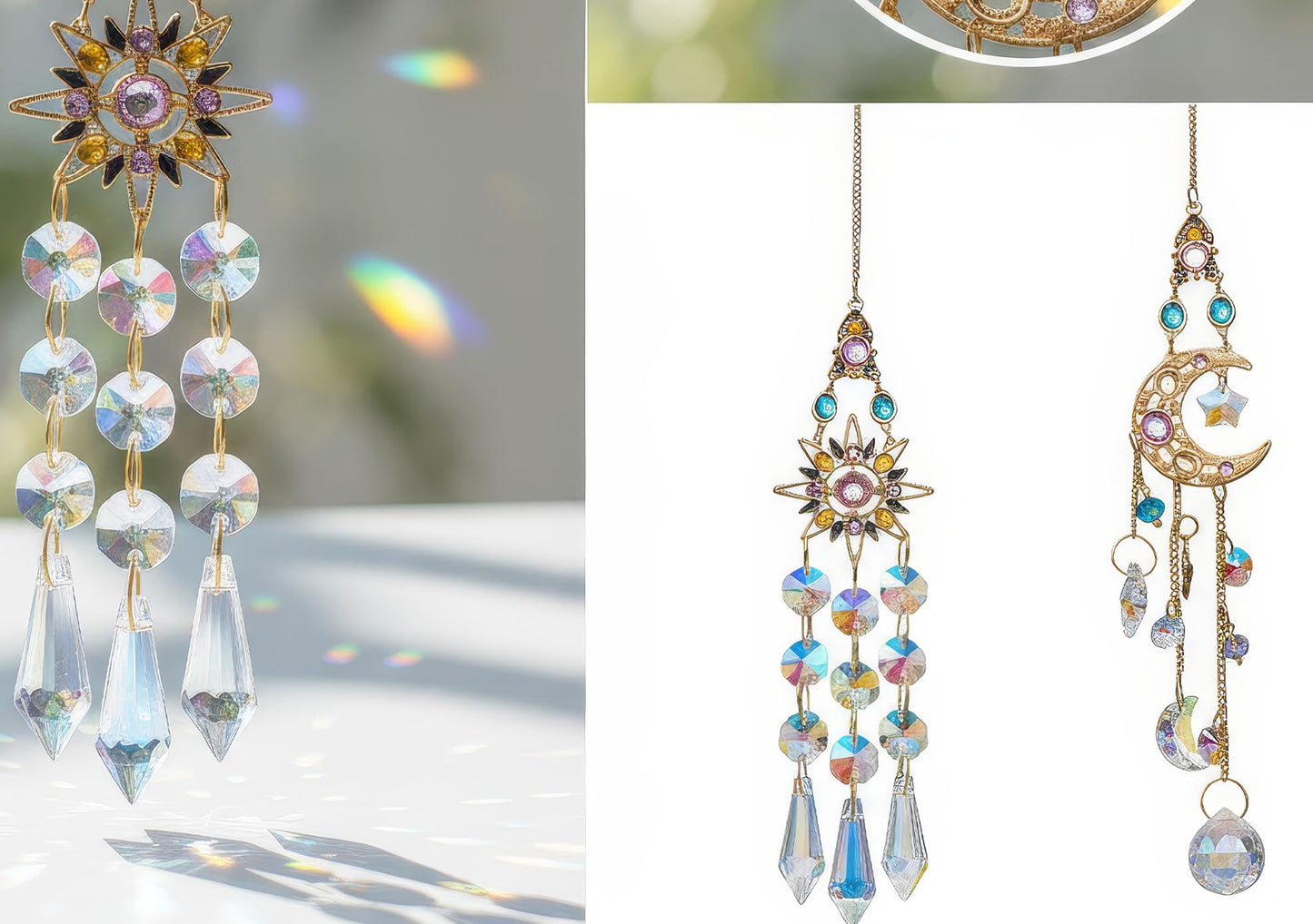 Sun Moon Crystal Suncatcher Set - Rainbow Maker Window Hanging Ornament for Home Garden Car Decor & Spiritual Gift (2-Pack)