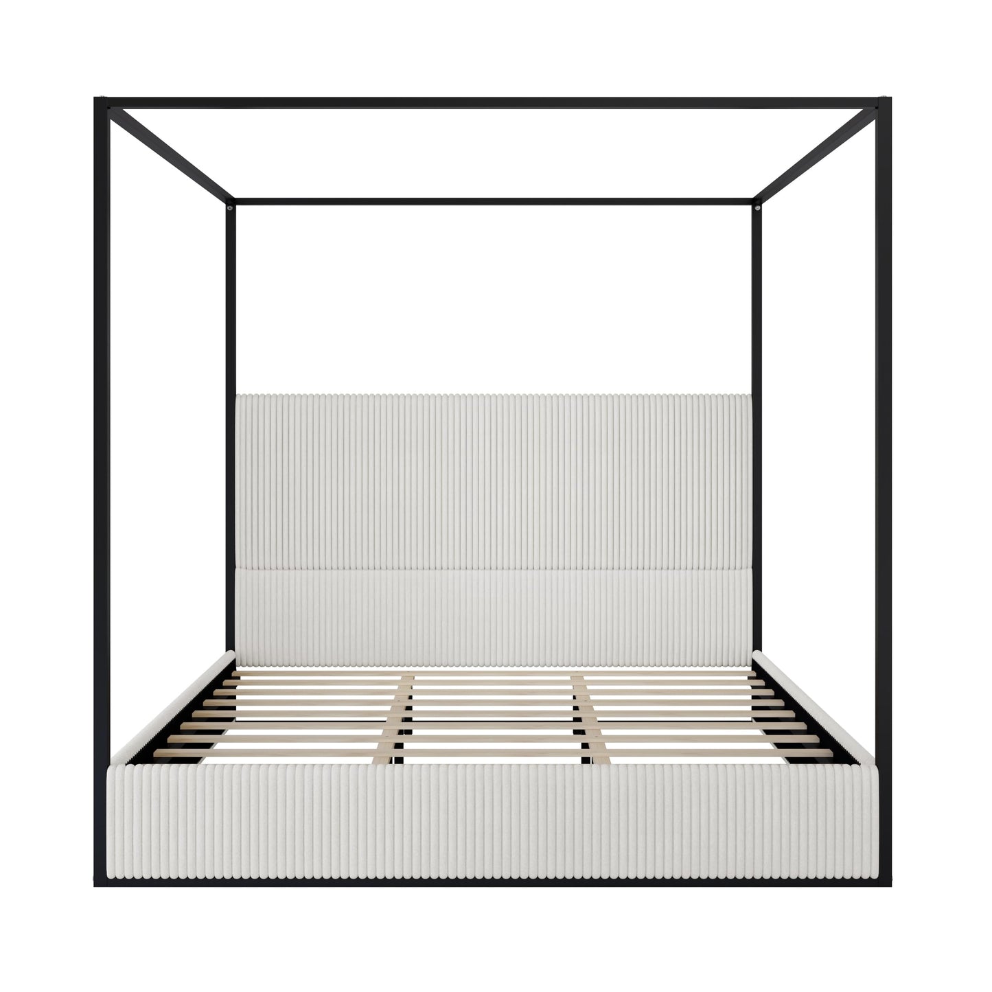 Merax Modern Luxury King Metal Canopy Bed with Tall Upholstered Headboard, Gold Four Poster Bed, No Box Spring Needed, White