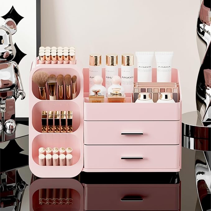 Makeup Organizer with Drawers,Large Capacity Countertop Organizer for Vanity,Bathroom and Bedroom Desk Cosmetics Organizers,Easy To Storage Skincare,Brushes,Lotions (All Pink)