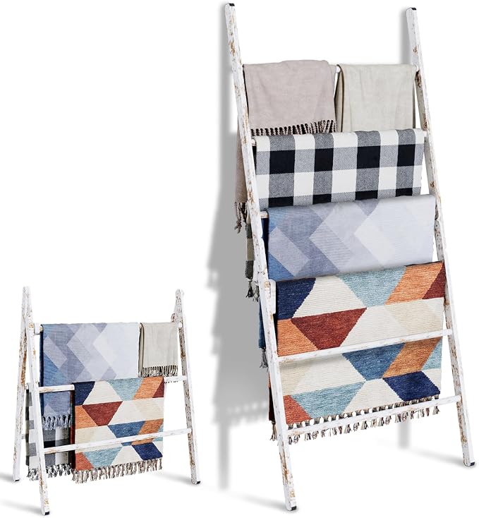 Delywh 6-Tier Wide Double Blanket Ladder Wood, Rustic Decorative Towel Rack for Big Blanket, Towel, Quilt, Clothes - Freestanding Blanket Holder Towel Ladder Decor Stand for Living Room, Bedroom