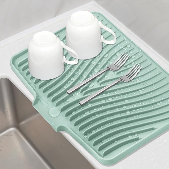 TIKNIK Silicone Dish Drying Mat for Kitchen Counter - Heat Resistant & Non-Slip Dish Drain Pad with Built-In Drain, Dishwasher Safe, Quick-Dry, Hangable & Roll-Up for Storage, Mint-1pcs, 16" x 12"