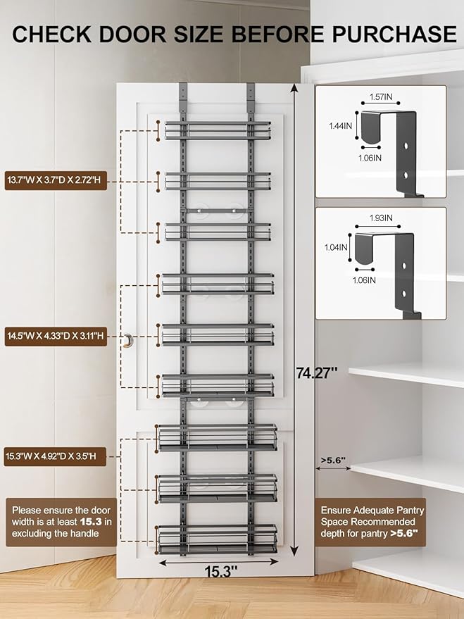 Delamu 9 Tier Over The Door Pantry Organizer, Pantry Organization and Storage, Hanging Spice Rack for Pantry Door Organizer, Metal Pantry Door Shelves for Kitchen Bathroom Laundry Room,15.3" Black