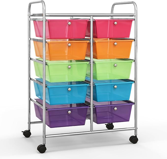 Giantex 10 Drawers Rolling Cart, Classroom Organizers, Storage Cart with Wheels, for Teacher Office Home School Supplies Tool Craft Art Paper