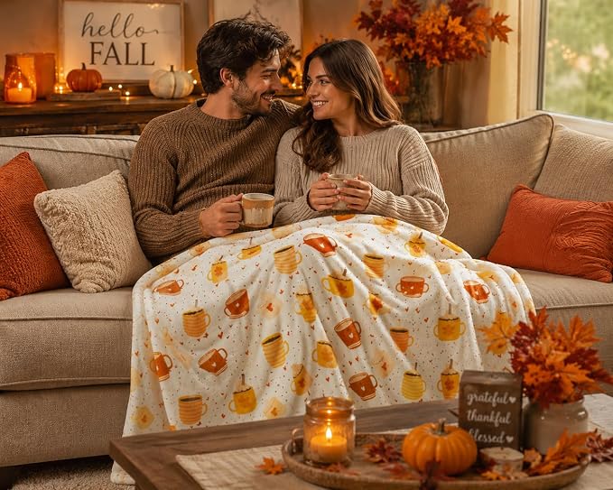 Serafina Home Fall Fleece Throw Blanket: Velvety Soft Pumpkin Spice Cozy Wrap Accent for Sofa Couch Chair Bed Dorm, 50" x 70"