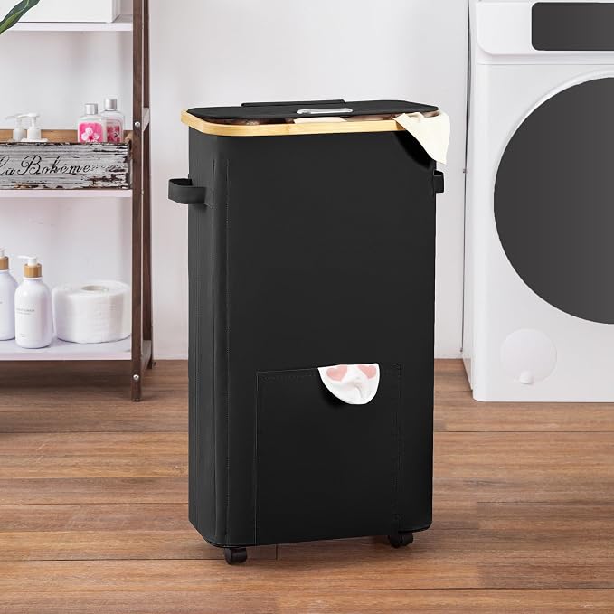 Vincona Laundry Basket with Wheels, Tall Dirty Clothes Hamper on Wheels, Rolling Laundry Hamper with lid for Dorm, Bedroom and Bathroom