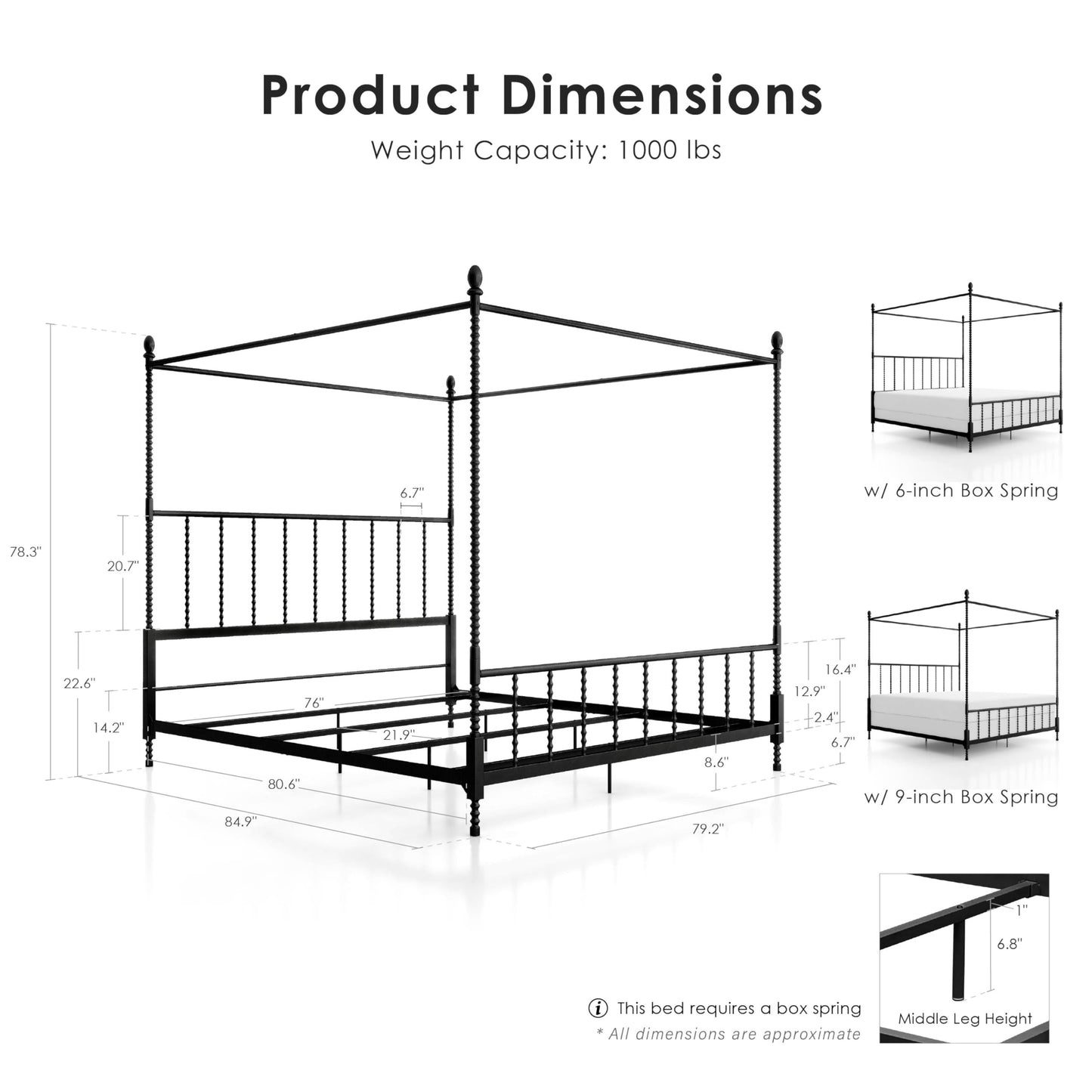 Furniture of America Vaeli Modern Metal King Size Four Poster Bed Frame with Spindles, Canopy Bedframe for Bedroom, Guest Room, Box Spring Required, Black