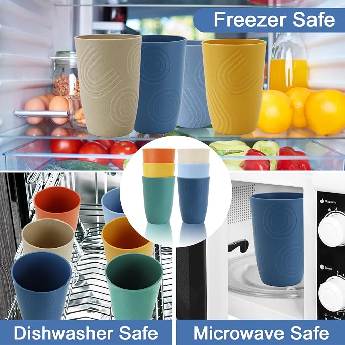 Wheat Straw Cups 16 OZ, Plastic Drinking Glasses, Drinking Cup, Unbreakable Kitchen Cups Sets of 6, Microwave & Dishwasher Safe Water Glasses, Reusable Plastic Cup for Party (Multicolor)