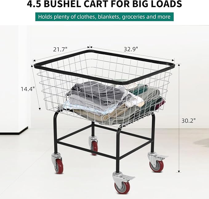 Extra-Large Rolling Laundry Cart with Wheels Holds 4 Washer Loads, Wire Laundry Basket, Heavy-Duty Steel Storage Basket with Galvanized Finish, for Commercial or Home Laundry