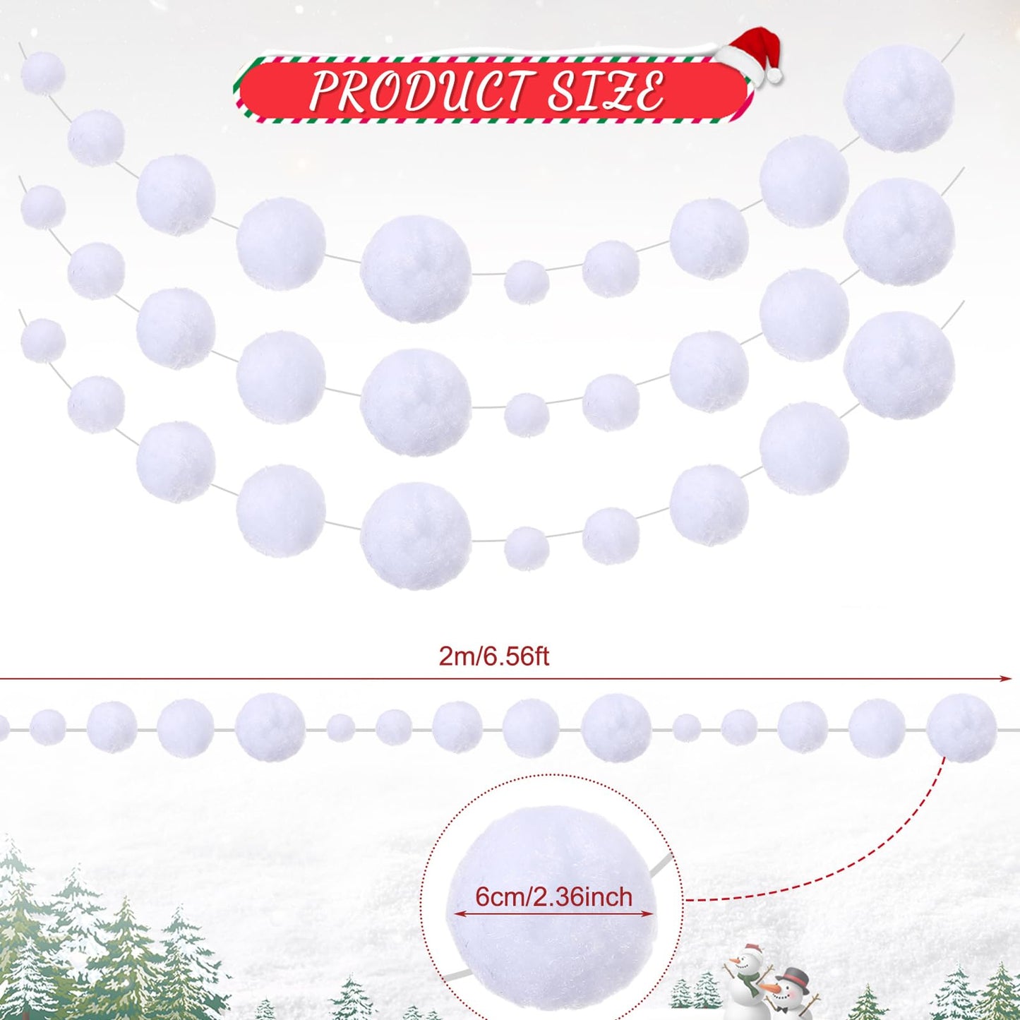 Tegeme 48 Pcs Winter Snowball Garland 6.5 Feet White Pom Pom String Garland Winter Party Wonderland Decoration Snow Ball Hanging Banner White Snowball Decor for Ceiling Tree Holiday Party Wall Home