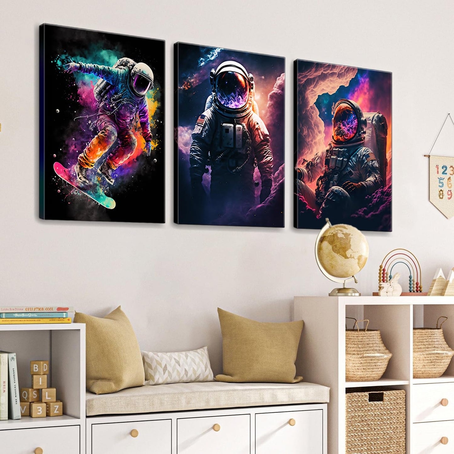 Framed Astronaut Wall Art Space Pop Culture Graffiti Street Art Painting Pictures Wall Decor Canvas Prints Modern Gifts For Man Artwork Space Boys Room Home Decor For Bedroom Living Room Office