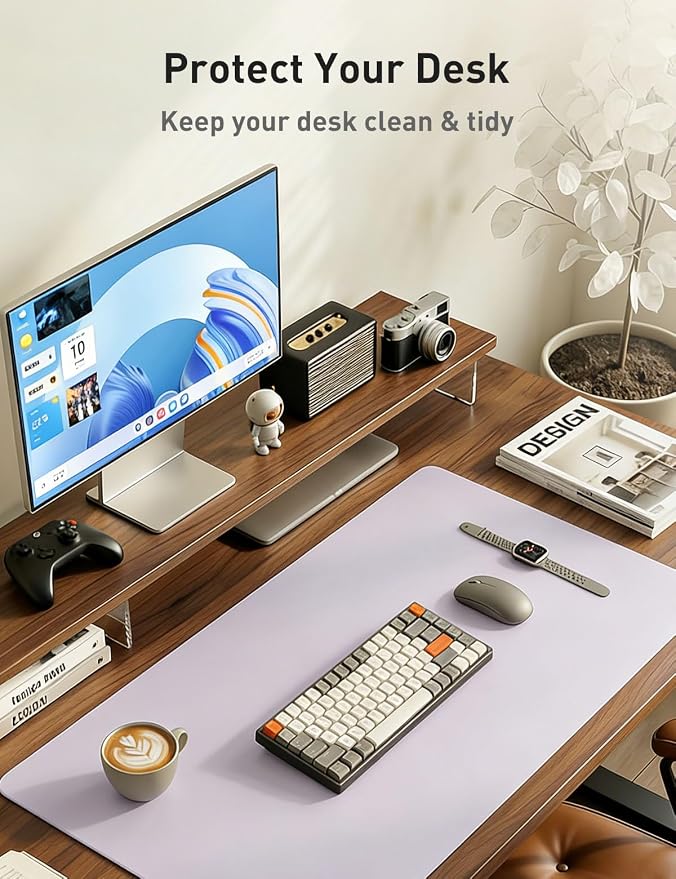 Aothia Faux Leather Desk Mat - Non-Slip PU Leather Desk Blotter, Waterproof Writing Surface, Large Desk Pad for Office & Home (Soft Lavender, 55" x 17")