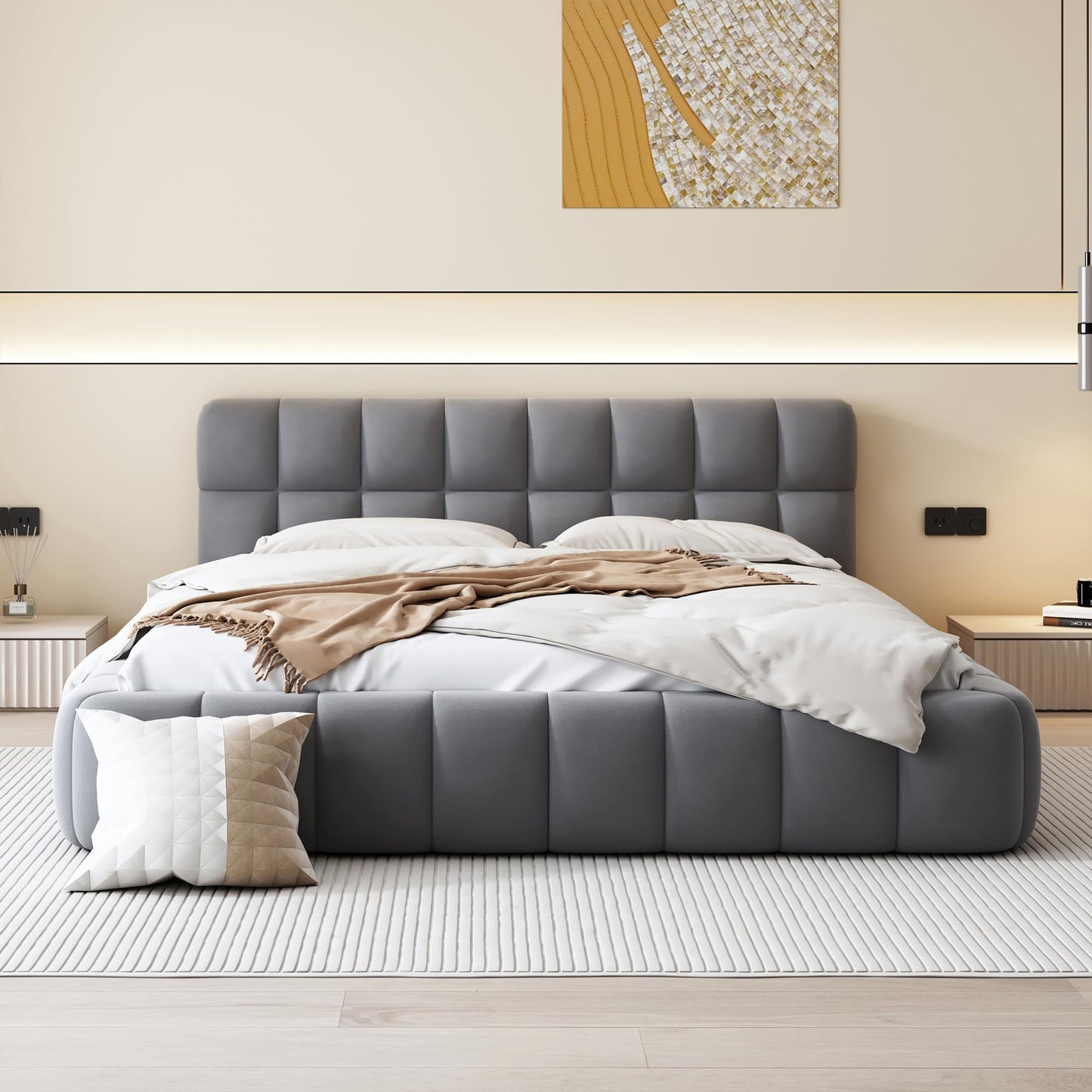 Merax Modern Tufted Plattform Bed Queen Linen Floor Bed Frame with Wingback No Box Spring Needed Gray