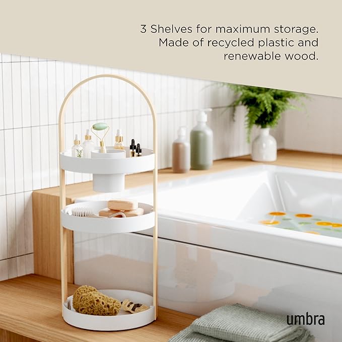 Umbra Bellwood Caddy, Organizer for Makeup and Cosmetics, Durable Rotating Container with Wooden Handle, Large, White/Natural