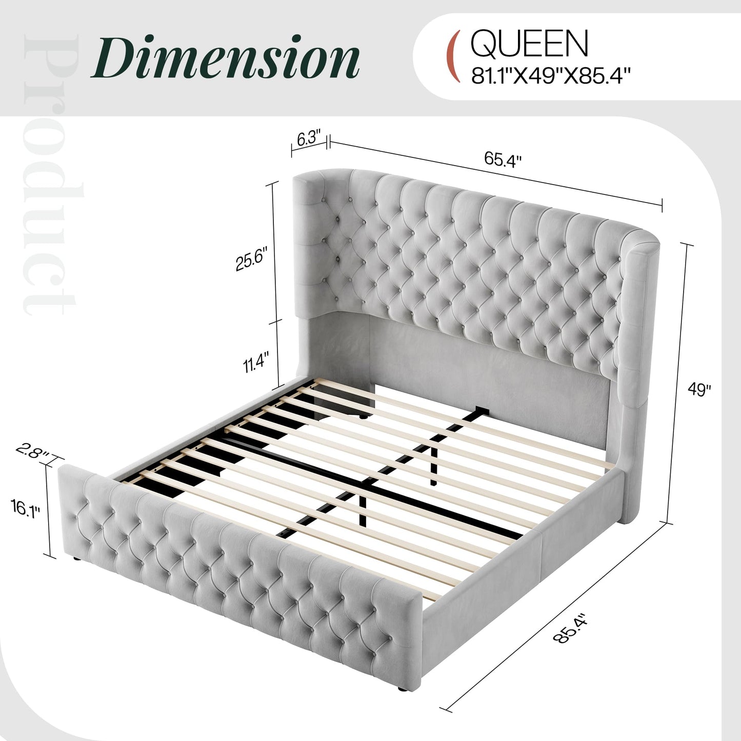 Jocisland Queen Size Platform Bed Frame, 6.3" Thick Upholstered Curved Wingback Headboard and Footboard with Deep Button Tufted, Easy Assembly, No Box Spring Needed, Light Grey Velvet