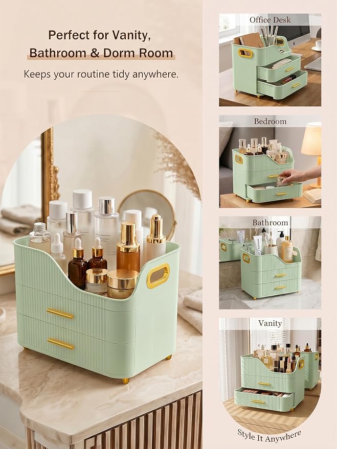 Booklov Countertop Makeup Organizer with Drawers, 3 Tier Large Cosmetic Storage Box for Vanity, Bathroom Counter, Dresser, Skincare Display Case for Lipsticks, Beauty Palettes, Teen Girl Gifts, Green