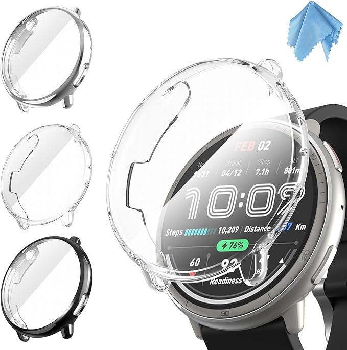 Fintie 3 Packs Screen Protector Case Compatible with Amazfit Active 2, Soft TPU Plated Bumper Full Protective Cover Cases Scratch-Proof, Black/Clear/Silver