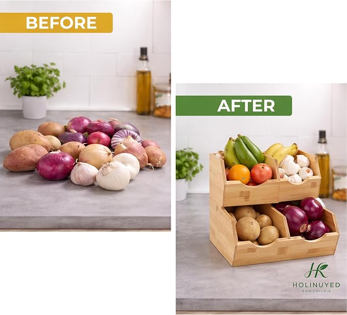 Bamboo Pantry Storage Bins Set of 3, Stackable Potato and Onion Storage Bin, Produce Organizer for Pantry, Wooden Fruit Vegetable Storage Bins with Handles & Slide-Out Access