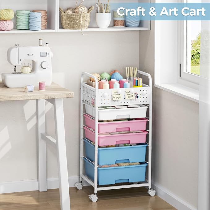 5 Drawer Rolling Storage Cart with Pegboard Top and Hooks, Mobile Organizer Cart with Wheels for Office Supplies, Craft Storage, Classroom Organization, Home Utility Cart, Pink&Blue