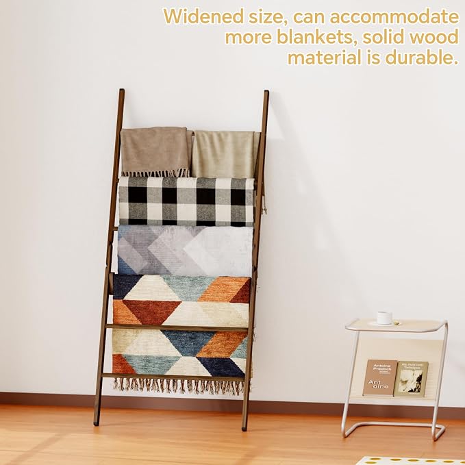 Delywh 6-Tier Wide Double Blanket Ladder Wood, Rustic Decorative Towel Rack for Big Blanket, Towel, Quilt, Clothes, Freestanding Blanket Holder Towel Ladder Decor Stand for Living Room, Bedroom, Brown