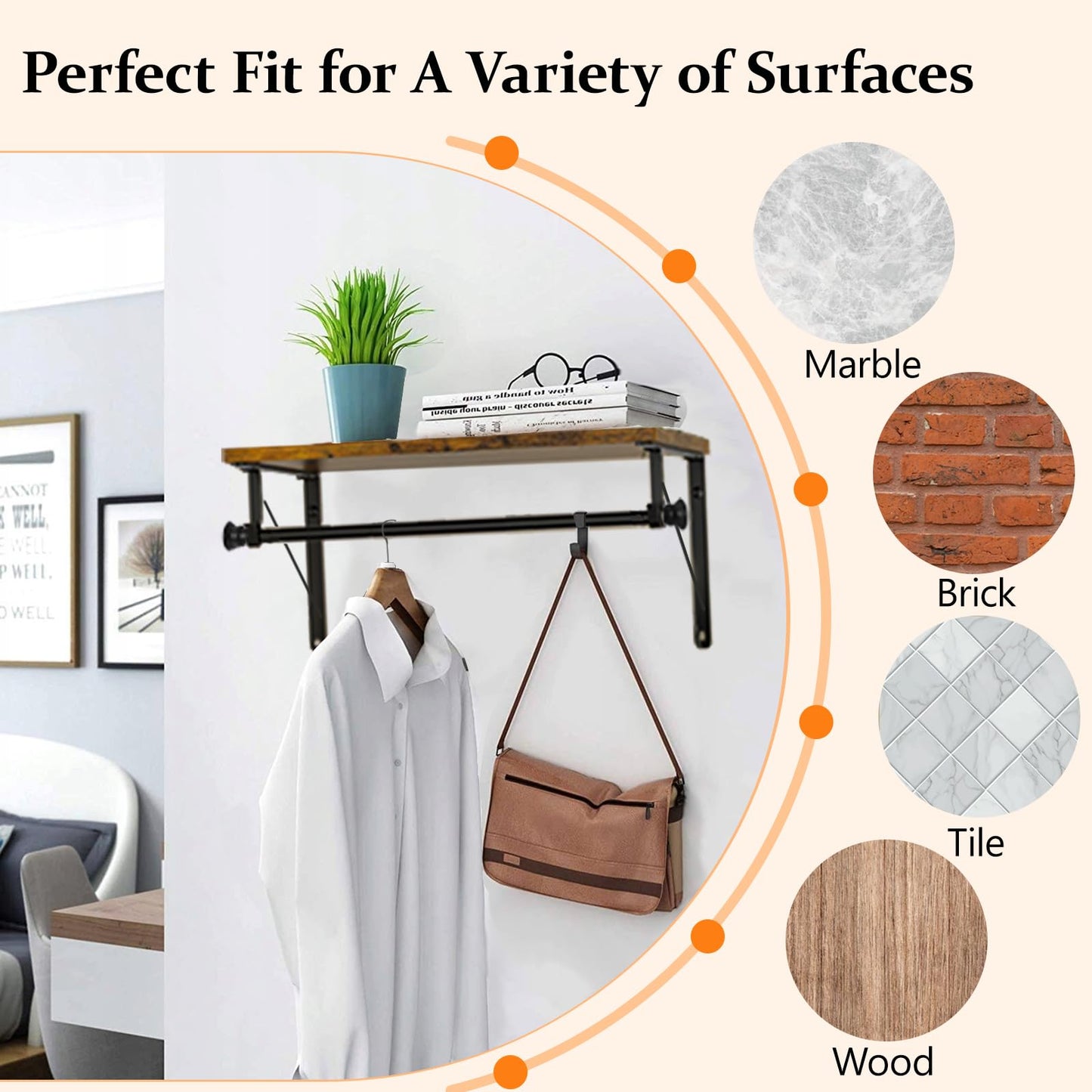Wall Mounted Closet Organizer with Adjustable Hanging Rod and Storage Shelf, Heavy Duty Closet Shelf with Hanging Rod, Space Saving Wall Hanging Rack for Bedroom, Bathroom, Laundry Room, Kitchen