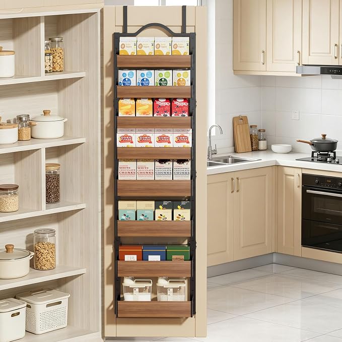 8-Tier Pantry Door Organizer, Over the Door Pantry Organizer with Wooden Adjustable Baskets, 2 IN 1 Spice Rack Wall Mount or Door Organizer, Door Spice Rack（12.4"W x 5.5"D x 66.1"H,1 Pack, Black)