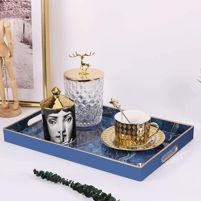 Plastic Serving and Decorative Tray with Handles for Ottoman, Coffee Table, Bathroom Vanity, Blue Marble Rectangular Tray for Countertop and Kitchen, 15.6 x 10.2 Inches