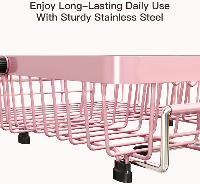 MAJALiS Pink Dish Drying Rack Over The Sink, Expandable Stainless Steel Dish Drainer for Small Kitchen Counter Space Saving, RV Compact Plate Strainer in Metal with Hanging Adjustable Utensil Holder