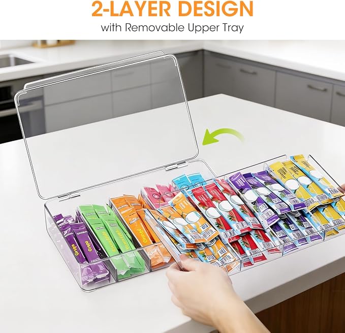 AIEVE Drink Packet Organizer, 2-Tier Tea Bag Organizer with Lid, Stackable Clear Pantry Storage Bins with Adjustable Dividers, Acrylic Water Packet Holder for Cabinet Kitchen Storage Organization