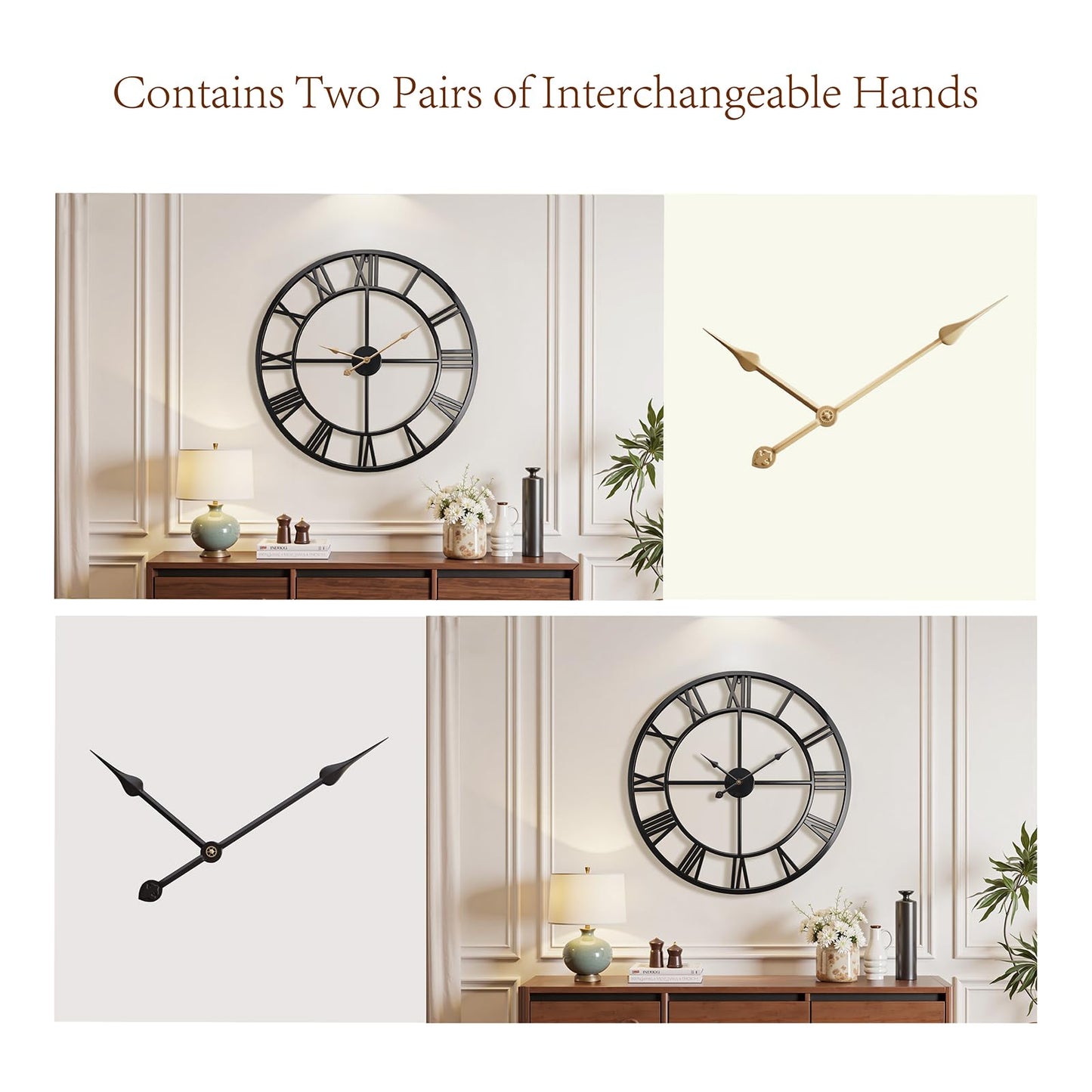 Vantic 32 Inch Large Wall Clock, Roman Numeral Metal Oversized Wall Clocks for Living Room Decor, Bedroom and Kitchen, Completely Silent, Non Ticking, Battery Operated
