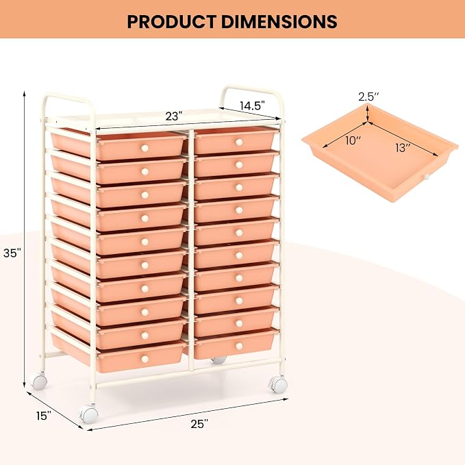 COSTWAY 20-Drawer Rolling Storage Cart, Utility Storage Organizer Cart for Tools, Scrapbook, Paper, Craft, Multipurpose Storage Trolley on Wheels for Home Office School, Peach