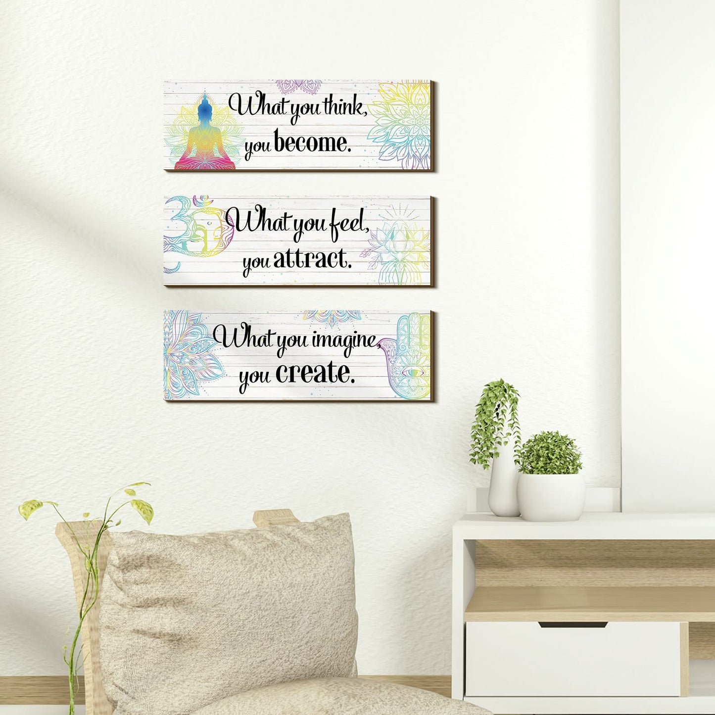 Yerliker 3 Buddha Decor Buddha Wall Art Meditation Room Chakra Decor for Bedroom Zen Quotes Wall Decoration Spiritual Gift Hanging Buddhism Spa Room Decoration Yoga Art for Women(White)