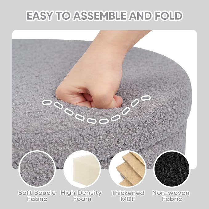PINPLUS Round Storage Ottoman Foot Rest Stool with Tray Velvet Sherpa Folding Storage Ottoman,Boucle Foot Rest for Living Room, Bedroom, Dorm, Dorm,Grey Color