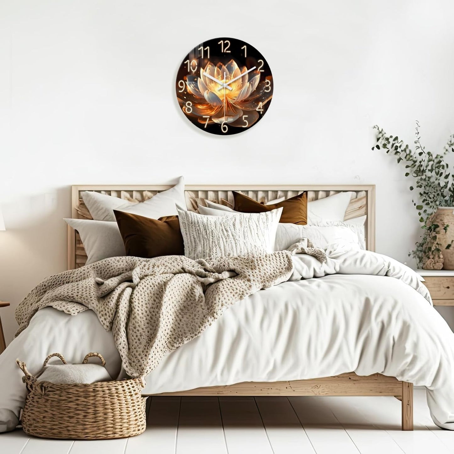 XFM Lotus Flower Wall Clock 16 inch Round Silent Wall Clocks Battery Operated Modern Floral Decorative Wall Clock for Bedroom Kitchen Living Room Bathroom