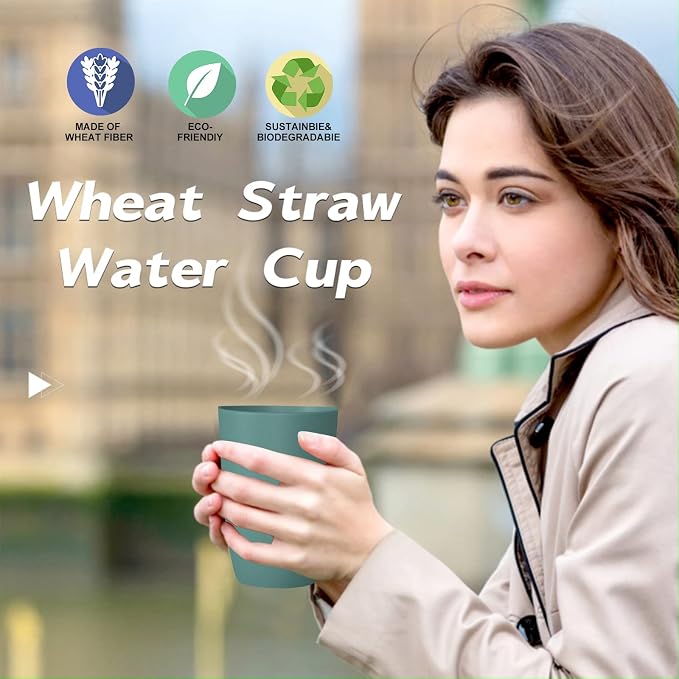 Wrova Wheat Straw Cups 6 PCS Good Alternative to Plastic Reusable Cups 12 oz Unbreakable Drinking Cup Reusable Dishwasher Safe Water Plastic Glasses Green